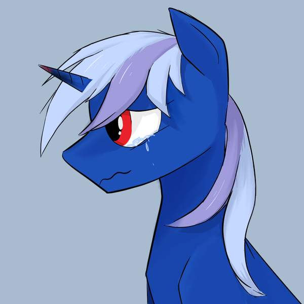 Size: 1080x1080 | Tagged: safe, artist:migesanwu, derpibooru import, oc, oc:darknight gleam, unofficial characters only, pony, unicorn, blue background, burnt, bust, crying, horn, image, male, png, portrait, red eyes, sad, side view, simple background, solo