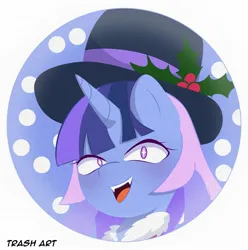 Size: 2028x2048 | Tagged: safe, artist:eltrash_art6, derpibooru import, oc, oc:flawless sparklemoon, pony, unicorn, blushing, christmas, clothes, coat, female, fusion, fusion:trixie, fusion:twilight sparkle, fusion:twixie, hat, holiday, holly, holly mistaken for mistletoe, horn, icon, image, jpeg, mare, open mouth, snow, solo, top hat