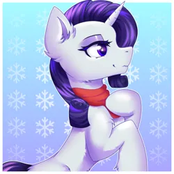 Size: 3000x3000 | Tagged: safe, artist:divori, derpibooru import, rarity, pony, unicorn, g4, chest fluff, clothes, ear fluff, female, fluffy, high res, horn, image, mare, png, rearing, scarf, simple background, solo, standing on two hooves