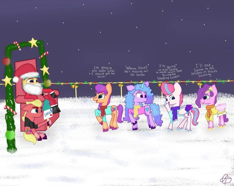 Size: 1080x856 | Tagged: safe, artist:heart k art, derpibooru import, hitch trailblazer, izzy moonbow, pipp petals, sprout cloverleaf, sunny starscout, zipp storm, earth pony, pegasus, pony, unicorn, series:heart k art g5 advent calendar, g5, advent calendar, christmas, clothes, costume, dialogue, female, hat, holiday, horn, image, jpeg, male, mane five, mare, maretime bay, outdoors, railing, santa costume, santa hat, scarf, snow, stallion, winter, winter outfit