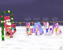 Size: 1080x856 | Tagged: safe, artist:heart k art, derpibooru import, hitch trailblazer, izzy moonbow, pipp petals, sprout cloverleaf, sunny starscout, zipp storm, earth pony, pegasus, pony, unicorn, series:heart k art g5 advent calendar, g5, advent calendar, christmas, clothes, costume, dialogue, female, hat, holiday, horn, image, jpeg, male, mane five, mare, maretime bay, outdoors, railing, santa costume, santa hat, scarf, snow, stallion, winter, winter outfit