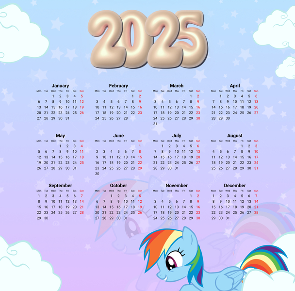 Size: 2744x2706 | Tagged: safe, artist:saltyvity, derpibooru import, edit, rainbow dash, pegasus, pony, g4, 2025, blue background, calendar, cloud, cloudy, gradient background, happy new year, holiday, image, jpeg, multicolored hair, pink eyes, rainbow hair, simple background, smiling, solo, stars