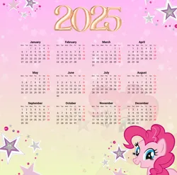 Size: 2744x2706 | Tagged: safe, artist:saltyvity, derpibooru import, edit, pinkie pie, earth pony, pony, g4, 2025, blue eyes, calendar, gradient background, happy, holiday, image, jpeg, looking at you, pink background, pink hair, simple background, smiling, smiling at you, solo, sparkles, stars