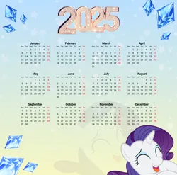 Size: 2744x2706 | Tagged: safe, artist:saltyvity, derpibooru import, edit, rarity, pony, unicorn, g4, 2025, blue background, blue eyes, calendar, diamond, gradient background, happy, happy new year, holiday, horn, image, jpeg, makeup, purple hair, simple background, smiling, solo, sparkles, stars