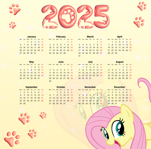 Size: 2744x2706 | Tagged: safe, artist:saltyvity, derpibooru import, edit, fluttershy, pegasus, pony, g4, 2025, calendar, cute, gradient background, green eyes, happy, happy new year, holiday, image, jpeg, paws, pink hair, simple background, smiling, solo, stars, yellow background