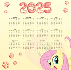 Size: 2744x2706 | Tagged: safe, artist:saltyvity, derpibooru import, edit, fluttershy, pegasus, pony, g4, 2025, calendar, cute, gradient background, green eyes, happy, happy new year, holiday, image, jpeg, paws, pink hair, simple background, smiling, solo, stars, yellow background