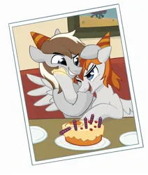 Size: 2000x2360 | Tagged: safe, artist:yaco, derpibooru import, oc, oc:felix gulfstream, oc:斑仔, earth pony, pegasus, pony, birthday, birthday cake, brothers, cake, clothes, food, image, jpeg, male, photo, siblings