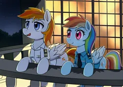 Size: 4093x2894 | Tagged: safe, artist:caibaoreturn, derpibooru import, rainbow dash, oc, oc:felix gulfstream, pegasus, g4, balcony, clothes, image, jpeg, uniform