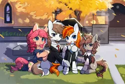 Size: 2800x1866 | Tagged: safe, artist:猞塔, derpibooru import, oc, oc:felix gulfstream, oc:文汐, oc:斑仔, unofficial characters only, earth pony, pegasus, unicorn, brothers, building, business suit, clothes, cousins, dress, female, gown, graduation, graduation cap, hat, horn, image, jpeg, male, siblings