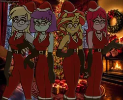 Size: 3064x2504 | Tagged: safe, artist:rdj1995, derpibooru import, blueberry pie, derpy hooves, raspberry fluff, sunset shimmer, equestria girls, g4, christmas, clothes, costume, hat, holiday, image, jpeg, santa claus, santa costume, santa hat, the muffins