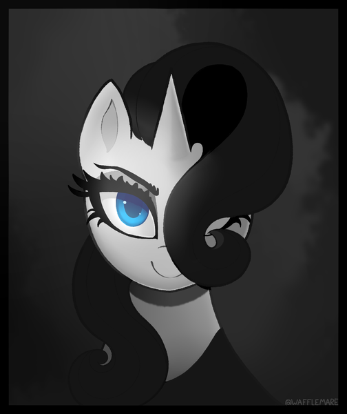 Size: 1227x1460 | Tagged: safe, artist:waffletheheadmare, derpibooru import, rarity, unicorn, g4, blue eyes, bust, dim light, horn, image, limited palette, looking at you, one eye covered, png, portrait, smiling