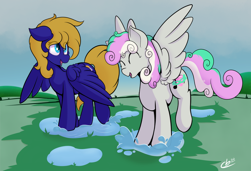 Size: 2231x1513 | Tagged: safe, artist:cloudybirb, derpibooru import, oc, oc:cloud quake, oc:silver melody, unofficial characters only, pegasus, pony, background, cloud, cloudy, duo, duo female, eyes closed, female, image, pegasus oc, png, puddle, splash, wings