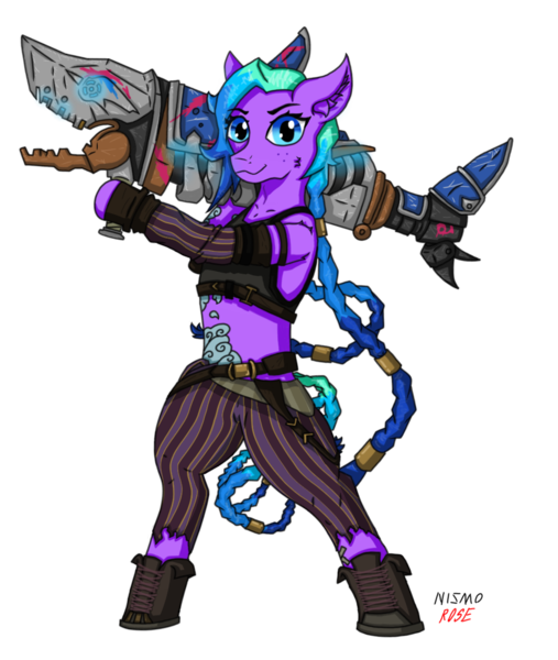 Size: 982x1163 | Tagged: safe, artist:nismorose, derpibooru import, oc, oc:moonstruck, ponified, pony, arcane, belt, boots, braid, braided ponytail, braided tail, braiding, cheek fluff, clothes, crossover, ear fluff, freckles, gun, image, jinx (league of legends), league of legends, looking at you, pants, png, ponytail, rocket launcher, shoes, shoulder fluff, signature, simple background, standing on two hooves, tail, tanktop, tattoo, transparent background, weapon