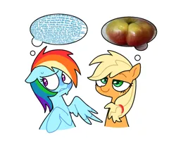 Size: 1723x1430 | Tagged: safe, artist:doodlesinky, derpibooru import, applejack, rainbow dash, earth pony, pegasus, pony, g4, anxiety, apple, appledash, duality, duo, female, food, image, lesbian, mare, png, shipping, silly, thinking