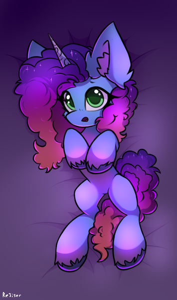 Size: 1300x2200 | Tagged: safe, artist:rejiser, derpibooru import, pony, unicorn, g5, bedsheets, big ears, commission, cute, female, horn, image, lying down, mare, misty brightdawn, on back, open mouth, png, simple background, solo, weapons-grade cute