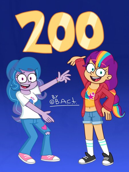 Size: 1560x2080 | Tagged: safe, artist:garybaldor, derpibooru import, izzy moonbow, sunny starscout, human, equestria girls, g4, g5, blue background, bracelet, clothes, converse, cutie mark, cutie mark on clothes, denim, denim shorts, duo, duo female, equestria girls-ified, eyebrows, eyebrows visible through hair, female, g5 to equestria girls, g5 to g4, generation leap, gradient background, hoodie, image, jeans, jewelry, jpeg, mane stripe sunny, numbers, pants, shirt, shoes, shorts, signature, simple background, smiling, socks, torn clothes