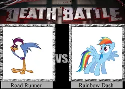 Size: 1008x720 | Tagged: safe, artist:jasonpictures, derpibooru import, edit, rainbow dash, bird, pegasus, pony, roadrunner, g4, death battle, exploitable meme, female, greater roadrunner, image, looney tunes, male, mare, meme, merrie melodies, png, road runner, the looney tunes show, vs