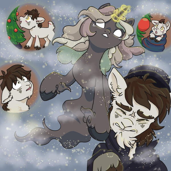 Size: 2000x2000 | Tagged: artist needed, safe, derpibooru import, oc, oc:gote, unofficial characters only, ghost, ghost pony, goat, pony, undead, unicorn, brown mane, cane, cape, christmas, christmas carol, christmas tree, clothes, colt, cute, ebenezer scrooge, eyelashes, flashback, foal, ghost of christmas past, glow, glowing horn, hat, holiday, horn, image, in awe, jpeg, magic, male, purple coat, scarf, shirt, snow, story included, top hat, tree, unshorn fetlocks, white eyes, yellow eyes, youtube link