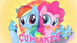 Size: 1600x900 | Tagged: safe, artist:mayhemtown, derpibooru import, pinkie pie, rainbow dash, earth pony, pegasus, pony, cupcakes hd, fanfic:cupcakes, g4, better without context, cupcake, cute, dashabetes, diapinkes, duo, duo female, female, food, here we go again, image, jpeg, looking at each other, looking at someone, mare, rainbow, remake, text, things are not like what they seem, this will end in death, this will end in pain, this will end in tears, title card, tray, upcoming, watermark