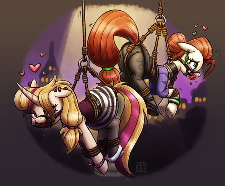 Size: 2025x1680 | Tagged: suggestive, artist:king-kakapo, derpibooru import, oc, unofficial characters only, earth pony, pony, unicorn, ballgag, belt, bondage, bracelet, clothes, collar, duo, duo female, ear piercing, earring, emanata, female, floating heart, floppy ears, gag, heart, high heels, horn, image, jewelry, necklace, night, panties, pantyhose, piercing, png, rope, secret santa, shoes, skirt, suspended, suspension bondage, underwear, upskirt