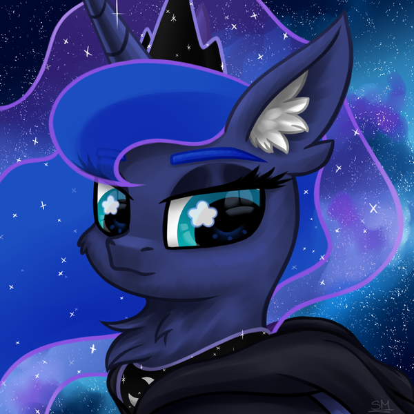 Size: 3000x3000 | Tagged: safe, artist:sunamoonmlp, derpibooru import, princess luna, alicorn, pony, g4, accessory, cheek fluff, clothes, crown, cute, derpibooru exclusive, ear fluff, ethereal mane, eyelashes, eyeshadow, female, hoodie, horn, image, jewelry, makeup, mare, night, outdoors, png, regalia, sky background, smiling, solo, space, starry mane, stars, the cosmos, wings