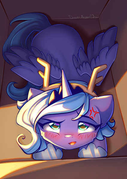 Size: 935x1323 | Tagged: safe, artist:chaosangeldesu, derpibooru import, princess luna, alicorn, pony, g4, angry, blushing, box, crown, cute, female, image, jewelry, jpeg, looking at you, mare, regalia, solo, solo female