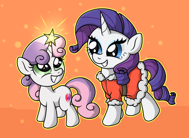 Size: 2959x2160 | Tagged: safe, artist:background basset, derpibooru import, rarity, sweetie belle, pony, unicorn, g4, abstract background, belle sisters, christmas, christmas outfit, clothes, costume, cute, duo, female, holiday, horn, image, looking at each other, looking at someone, png, santa costume, siblings, sisters, smiling, smiling at each other, stars