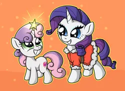 Size: 2959x2160 | Tagged: safe, artist:background basset, derpibooru import, rarity, sweetie belle, pony, unicorn, g4, abstract background, belle sisters, christmas, christmas outfit, clothes, costume, cute, duo, female, holiday, horn, image, looking at each other, looking at someone, png, santa costume, siblings, sisters, smiling, smiling at each other, stars