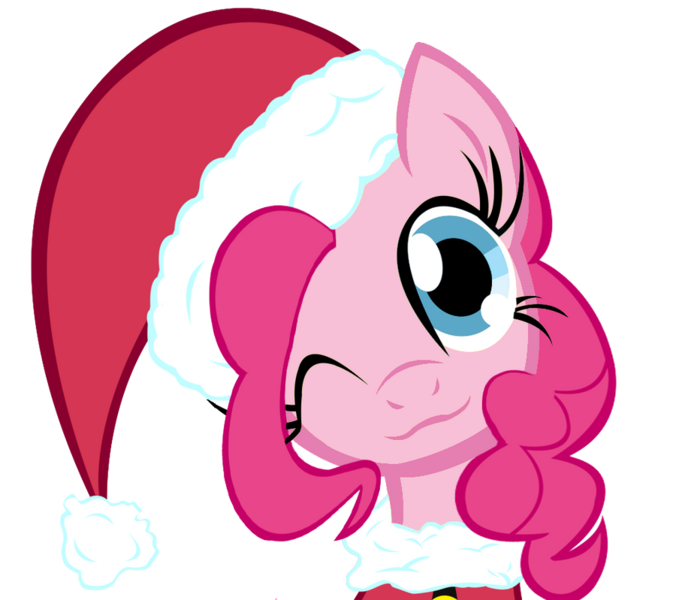 Size: 900x799 | Tagged: safe, artist:asax0, artist:themightysqueegee, derpibooru import, pinkie pie, earth pony, pony, g4, 2012, :3, ;3, bust, christmas, clothes, costume, female, hat, holiday, image, looking at you, mare, one eye closed, png, portrait, santa costume, santa hat, simple background, smiling, solo, transparent background, wink, winking at you