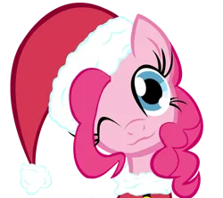 Size: 900x799 | Tagged: safe, artist:asax0, artist:themightysqueegee, derpibooru import, pinkie pie, earth pony, pony, g4, 2012, :3, ;3, bust, christmas, clothes, costume, female, hat, holiday, image, looking at you, mare, one eye closed, png, portrait, santa costume, santa hat, simple background, smiling, solo, transparent background, wink, winking at you