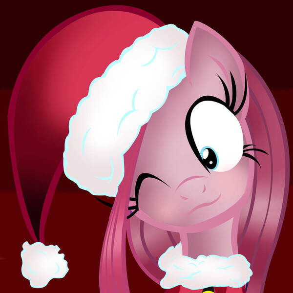 Size: 894x894 | Tagged: safe, artist:asax0, artist:gray-feathers, derpibooru import, edit, pinkie pie, earth pony, pony, g4, 2014, christmas, clothes, costume, female, hat, holiday, image, jpeg, mare, pinkamena diane pie, red background, santa costume, santa hat, shrunken pupils, simple background