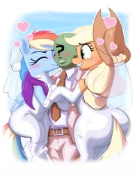 Size: 947x1200 | Tagged: safe, artist:_ton618_, derpibooru import, applejack, rainbow dash, oc, oc:anon, earth pony, human, pegasus, pony, g4, applebucking thighs, applebutt, blush lines, blushing, butt, canon x oc, clothes, dress, eyes closed, female, floating heart, grin, heart, human male, image, interspecies, jpeg, kiss on the cheek, kissing, large butt, male, mare, necktie, plott, polyamory, pony on human action, smiling, suit, the ass was fat, thighs, thunder thighs, trio, wedding dress, wide hips