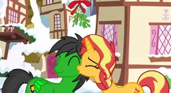 Size: 1076x584 | Tagged: safe, artist:mickey1909, derpibooru import, sunset shimmer, oc, oc:star armour, pegasus, unicorn, g4, female, horn, image, kiss on the cheek, kissing, male, mistletoe, png, straight