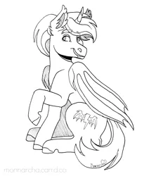 Size: 2400x2700 | Tagged: safe, artist:monnarcha, derpibooru import, oc, alicorn, bat pony, bat pony alicorn, pony, bat wings, horn, image, monochrome, png, solo, wings