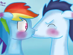 Size: 749x562 | Tagged: safe, artist:anaisthenightguard, derpibooru import, rainbow dash, soarin', pegasus, pony, g4, female, image, jpeg, kiss on the lips, kissing, male, mare, shipping, soarindash, stallion, straight