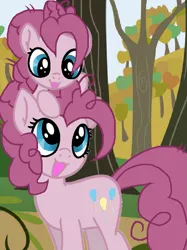 Size: 961x1282 | Tagged: safe, artist:kittiebases, artist:pinkiepartypiepiety, derpibooru import, mean pinkie pie, earth pony, pony, g4, the mean 6, base used, clone, female, filly, foal, image, looking at each other, looking at someone, mare, png, self paradox, younger