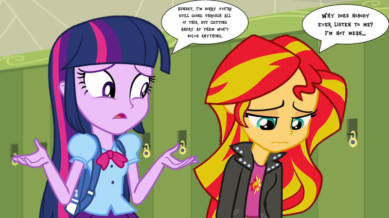 Size: 1573x885 | Tagged: safe, artist:richardchibbard, derpibooru import, sunset shimmer, twilight sparkle, human, equestria girls, g4, dialogue, duo, duo female, female, image, jpeg