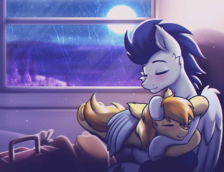 Size: 2600x2000 | Tagged: safe, artist:shad0w-galaxy, derpibooru import, braeburn, soarin', earth pony, pegasus, pony, blushing, cheek fluff, cuddling, cute, ear fluff, eyes closed, gay, hat, high res, hooves, hug, image, male, moon, my little pony the movie: soarin & braeburn, night, patreon, patreon reward, png, rain, ship:soarburn, shipping, smiling, stallion, suitcase, train