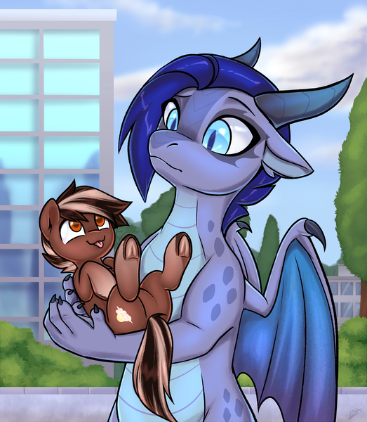 Size: 2000x2294 | Tagged: safe, artist:lina, derpibooru import, oc, oc:lina, oc:lina firesoul, unofficial characters only, dragon, pony, :p, brown coat, city, coat markings, commission, dragoness, ear markings, female, frog (hoof), image, looking at each other, looking at someone, oc x oc, png, shipping, socks (coat marking), tail, tongue out, two toned mane, two toned tail, underhoof