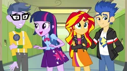 Size: 1147x645 | Tagged: safe, artist:richardchibbard, derpibooru import, flash sentry, microchips, sunset shimmer, twilight sparkle, equestria girls, g4, female, flashimmer, image, jpeg, male, ship:microlight, shipping, straight