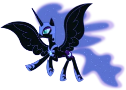 Size: 7090x5070 | Tagged: safe, artist:90sigma, derpibooru import, nightmare moon, alicorn, pony, g4, 2012, ethereal mane, ethereal tail, female, flying, helmet, hoof shoes, image, mare, peytral, png, simple background, slit pupils, solo, spread wings, tail, transparent background, vector, wings