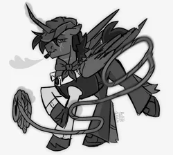 Size: 1510x1353 | Tagged: safe, artist:aalik, derpibooru import, oc, alicorn, pony, black and white, boots, clothes, cowboy, cowboy boots, cowboy hat, grayscale, hat, image, lasso, monochrome, png, rope, scar, shoes, smoking, wings