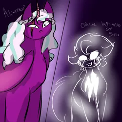 Size: 2614x2605 | Tagged: safe, derpibooru import, alicorn, earth pony, ghost, undead, g5, argyle starshine, argyle/prince alcatzar, image, long lost family, old names, opaline arcana, png, scar, story:starless skies, white eyes, white sclera