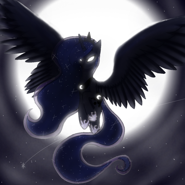 Size: 1000x1000 | Tagged: safe, artist:failure11, derpibooru import, princess luna, alicorn, pony, g4, ethereal mane, female, flying, full moon, glow, glowing cutie mark, glowing eyes, hoof shoes, image, mare, moon, night, peytral, png, sky, solo, spread wings, starry mane, stars, wings