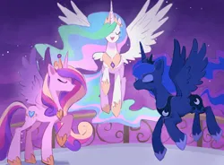 Size: 2806x2065 | Tagged: safe, artist:zerouta, derpibooru import, princess cadance, princess celestia, princess luna, alicorn, pony, g4, twilight's kingdom, alicorn triarchy, balcony, eyes closed, female, image, mare, my little pony, png, scene interpretation, singing, spread wings, trio, wings, you'll play your part