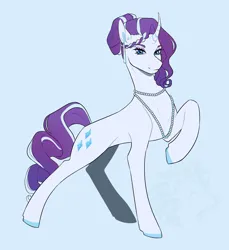 Size: 2116x2309 | Tagged: safe, artist:kefirchik7, derpibooru import, rarity, pony, unicorn, g4, colored hooves, curved horn, ear piercing, earring, female, hooves, horn, image, jewelry, mare, necklace, pearl necklace, piercing, png, raised hoof, redesign, simple background, smiling, solo