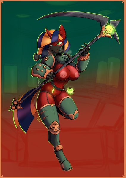 Size: 1800x2550 | Tagged: suggestive, artist:randystrike, derpibooru import, oc, oc:plagy soul, anthro, armor, big breasts, breasts, death guard, gas mask, image, mask, nurgle, png, robotic arm, scythe, shoulder armor, simple background, warhammer (game), warhammer 40k