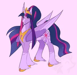 Size: 2297x2235 | Tagged: safe, artist:kefirchik7, derpibooru import, twilight sparkle, twilight sparkle (alicorn), alicorn, pony, g4, alternate design, blaze (coat marking), coat markings, crown, facial markings, female, hoof shoes, image, jewelry, mare, peytral, png, redesign, regalia, simple background, smiling, solo, twitterina design, unshorn fetlocks