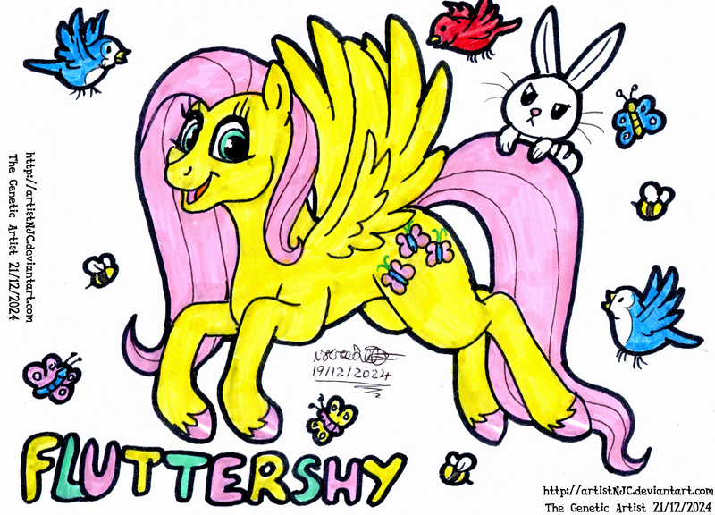 Size: 3201x2306 | Tagged: safe, artist:artistnjc, derpibooru import, angel bunny, fluttershy, bee, bird, butterfly, insect, pegasus, pony, rabbit, g4, animal, character name, flying, grumpy, happy, image, png, signature, simple background, solo, spread wings, traditional art, wings