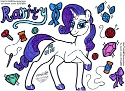 Size: 3196x2334 | Tagged: safe, artist:artistnjc, derpibooru import, rarity, pony, unicorn, g4, bow, buttons, character name, gemstones, horn, image, lidded eyes, looking at you, png, raised hoof, ribbon, scissors, sewing needle, signature, simple background, solo, traditional art, yarn, yarn ball